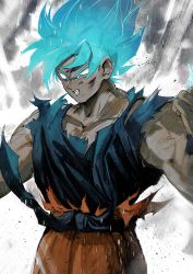 Rule 34 | 1boy, aoki (fumomo), blue eyes, blue hair, blue shirt, clenched hands, clenched teeth, dirty, dirty clothes, dirty face, dougi, dragon ball, dragon ball super, dragonball z, frown, looking down, male focus, muscular, outstretched arms, shirt, short hair, solo, son goku, spiked hair, standing, super saiyan, super saiyan blue, teeth, torn clothes, upper body, wristband