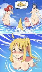 Rule 34 | &gt; &lt;, 4girls, absurdres, ass, blonde hair, blue eyes, blue hair, blue sky, blush, bocchi the rock!, breasts, cloud, completely nude, gotoh hitori, highres, hinghoi, ijichi nijika, kita ikuyo, large breasts, long hair, looking at another, medium breasts, multiple girls, navel, nipples, nude, nudist, ocean, outdoors, pink hair, ponytail, pout, pussy, red hair, scared, shark, short hair, skinny dipping, sky, small breasts, swimming, tearing up, tears, wet, yamada ryo, yellow eyes