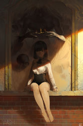 Rule 34 | 1girl, blouse, branch, brown hair, closed eyes, crack, cracked wall, crown, dripping, full body, geolim, highres, holding, holding crown, legs together, medium hair, narrow waist, no shoes, original, shadow, shirt, signature, sitting, skull, through medium, through painting, white shirt