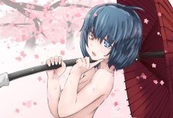 Rule 34 | 1girl, b.d, blue eyes, blue hair, breasts, cherry blossoms, cleavage, covering privates, from side, heterochromia, highres, holding, holding umbrella, index finger raised, karakasa obake, looking at viewer, looking to the side, medium breasts, nude, open mouth, petals, red eyes, short hair, solo, tatara kogasa, touhou, umbrella, upper body