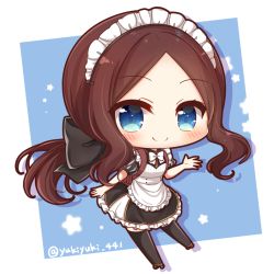 Rule 34 | 1girl, apron, black bow, black dress, black footwear, black thighhighs, blue background, blush, bow, brown hair, chibi, closed mouth, collared dress, commentary request, dress, fate/grand order, fate (series), forehead, frilled apron, frilled dress, frills, hair bow, leonardo da vinci (fate), leonardo da vinci (fate/grand order), leonardo da vinci (rider) (fate), leonardo da vinci (rider) (second ascension) (fate), long hair, low ponytail, maid headdress, parted bangs, ponytail, puff and slash sleeves, puffy short sleeves, puffy sleeves, roller skates, short sleeves, sidelocks, skates, smile, solo, star (symbol), thighhighs, twitter username, two-tone background, very long hair, white apron, white background, white bow, yukiyuki 441