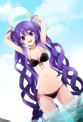 Rule 34 | 1girl, :d, armpits, arms up, bad id, bad pixiv id, ball, beachball, bikini, breasts, cleavage, front-tie top, hair ribbon, long hair, navel, open mouth, purple eyes, purple hair, ribbon, side-tie bikini bottom, skull, smile, swimsuit, sword girls, twintails, ubina, undertaker (sword girls), very long hair, wading