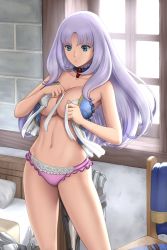 Rule 34 | 1girl, annelotte, annelotte (queen's blade), blue eyes, breasts, breasts out, choker, collarbone, corset, frilled panties, frills, indoors, knight princess annelotte, lace, lace-trimmed panties, lace trim, large breasts, light purple hair, lipstick, long hair, makeup, navel, no bra, official art, open mouth, panties, purple hair, purple panties, queen&#039;s blade, queen&#039;s blade rebellion, queen&#039;s blade white triangle, solo, standing, underwear, undressing, very long hair