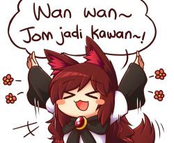 Rule 34 | &gt; &lt;, +++, 1girl, :3, :d, > <, animal ears, blush, blush stickers, brown hair, dress, closed eyes, imaizumi kagerou, long hair, malay text, open mouth, outstretched arms, smile, solo, spread arms, tail, touhou, translation request, upper body, wolf ears, wolf tail, wool (miwol), x3