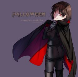 Rule 34 | 1girl, black cape, black footwear, black gloves, black jacket, black pants, boots, braid, brown hair, cape, character name, closed mouth, crown braid, fang, fang out, gloves, halloween, highres, jacket, looking at viewer, looking back, niijima makoto, pants, persona, persona 5, purple background, red eyes, short hair, simple background, smile, solo, standing, thigh boots, thighhighs, twitter username, vampire, vampire costume, yaoto