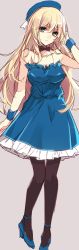 Rule 34 | 10s, 1girl, alternate costume, aosaki yukina, atago (kancolle), bare shoulders, beret, black pantyhose, blonde hair, blue dress, blue eyes, blue footwear, bow, bowtie, detached collar, dress, frilled dress, frills, full body, hat, high heels, kantai collection, long hair, looking at viewer, pantyhose, shoes, simple background, solo, strapless, strapless dress, wrist cuffs