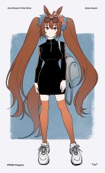 Rule 34 | 1girl, acubi tomaranai, animal ears, arms at sides, artist logo, backpack, bag, black dress, breasts, brown hair, character name, copyright name, daiwa scarlet (umamusume), dress, english text, eyewear on head, fashion, full body, hair intakes, highres, horse ears, horse girl, horse tail, large breasts, long hair, long sleeves, looking at viewer, orange thighhighs, prada (brand), product placement, red eyes, shoes, smile, sneakers, solo, standing, tail, thighhighs, turtleneck, twintails, umamusume, very long hair, white footwear