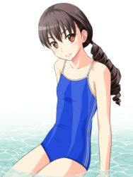 Rule 34 | 1girl, blue one-piece swimsuit, brown eyes, brown hair, commentary request, competition school swimsuit, drill hair, flat chest, isuzu kokomi, long hair, looking at viewer, low twintails, one-piece swimsuit, partially submerged, reco love, satochi, school swimsuit, smile, solo, swimsuit, twin drills, twintails, water