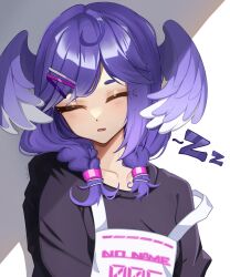 Rule 34 | 1girl, ahoge, black sweater, braid, closed mouth, commentary, english commentary, facing viewer, fang, hair ornament, hairclip, head wings, highres, medium hair, mixed-language commentary, nijisanji, nijisanji en, open mouth, phaethonvt, purple hair, purple wings, race bib, selen tatsuki, selen tatsuki (1st costume), simple background, skin fang, sleeping, sleeping upright, solo, sweater, twin braids, upper body, virtual youtuber, wings, zzz
