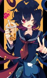 Rule 34 | 1girl, alternate costume, asymmetrical wings, black hair, black shirt, blue wings, blush, bubble tea, commentary request, cup, disposable cup, fangs, fingernails, highres, holding, holding cup, houjuu nue, long fingernails, long sleeves, looking at viewer, nail polish, neckerchief, nikorashi-ka, one eye closed, open mouth, orange background, red eyes, red nails, red neckerchief, red wings, sailor collar, sailor shirt, shirt, short hair, smile, snake, solo, touhou, ufo, upper body, v, wings