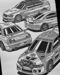 Rule 34 | bmw, bmw m3, car, commentary, commission, english commentary, geo.baz, greyscale, highres, ink (medium), license plate, mitsubishi lancer evolution, mitsubishi motors, monochrome, motor vehicle, nissan, nissan skyline, nissan skyline gt-r, nissan skyline r34, no humans, original, photo (medium), race vehicle, racecar, rally car, shadow, spoiler (automobile), sports car, toyota, toyota supra, toyota supra mk iv, traditional media, vehicle focus, white background, world rally championship