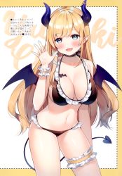 Rule 34 | 1girl, absurdres, ayamy, bare shoulders, blonde hair, blue eyes, blush, breasts, choker, cleavage, collarbone, demon girl, demon horns, demon wings, hand up, head tilt, highres, hololive, horns, large breasts, lips, looking at viewer, navel, open mouth, pointy ears, scan, shiny clothes, shiny skin, simple background, smile, solo, stomach, thigh strap, underwear, underwear only, virtual youtuber, wings, wrist cuffs, yuzuki choco