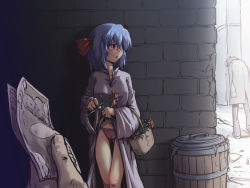 Rule 34 | 1girl, alley, alternate costume, basket, blush, bow, bow panties, clothes lift, crying, dress, dress lift, flower, futatsuki hisame, looking away, money, no wings, open mouth, panties, pink panties, prostitution, remilia scarlet, short hair, tears, thigh strap, touhou, underwear, wings