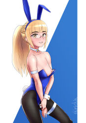 Rule 34 | 1girl, absurdres, animal ears, black pantyhose, blonde hair, blue leotard, blush, braid, breasts, fake animal ears, fake tail, glasses, highres, leotard, long hair, looking at viewer, nipples, pantyhose, perrine h. clostermann, playboy bunny, ponytail, rabbit ears, rabbit tail, shiri chin, small breasts, smile, solo, strike witches, tail, world witches series, yellow eyes