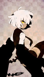 Rule 34 | 10s, 1girl, black rock shooter, formal, kl (dgzonbi), looking back, shorts, solo, strength (black rock shooter), suit, thighhighs, white hair, yellow eyes