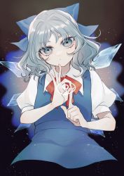 Rule 34 | 1girl, black background, blue background, blue bow, blue dress, blue eyes, blue hair, bow, bowtie, circled 9, cirno, closed mouth, collared shirt, dress, eyes visible through hair, gradient background, hands up, highres, ice, ice wings, katai (nekoneko0720), looking at viewer, multicolored background, pink background, puffy short sleeves, puffy sleeves, red bow, red bowtie, shirt, short hair, short sleeves, solo, touhou, wavy hair, white shirt, wings