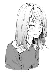 Rule 34 | 1girl, blush, commentary request, cropped torso, eyelashes, greyscale, highres, looking at viewer, medium hair, monochrome, original, shirt, simple background, smile, solo, upper body, vice (kuronekohadokoheiku), wavy mouth