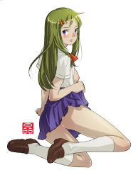 Rule 34 | 1girl, blouse, blue eyes, blush, breasts, brown footwear, clothes lift, full body, green hair, hair ornament, hairclip, kneehighs, loafers, nipples, no panties, open clothes, open shirt, school uniform, serafuku, shirt, shoes, sideboob, simple background, skirt, skirt lift, small breasts, socks, solo, sonobe kazuaki, white background, white socks