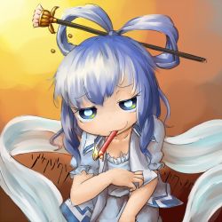 Rule 34 | 1girl, blue eyes, blue hair, candle, closed mouth, collarbone, dress, fire, hair ornament, hair rings, hair stick, japanese text, kaku seiga, looking at viewer, matching hair/eyes, shawl, smile, solo, touhou, yaise