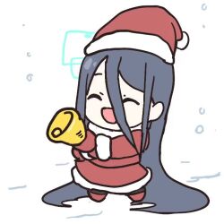 Rule 34 | 1girl, :d, ^ ^, absurdly long hair, animated, aqua halo, aris (blue archive), bell, black hair, blue archive, chibi, closed eyes, gloves, hair between eyes, halo, hat, holding, holding bell, long hair, looping animation, open mouth, red gloves, santa costume, santa hat, simple background, smile, snow, rectangular halo, standing, uranium10, very long hair, video, white background