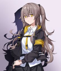 Rule 34 | 1girl, black jacket, black skirt, brown hair, closed mouth, collared shirt, frown, girls&#039; frontline, gradient background, highres, hood, hood down, hooded jacket, jacket, ken rqll, long hair, long sleeves, looking at viewer, neckerchief, open clothes, open jacket, scar, scar across eye, shadow, shirt, side ponytail, skirt, solo, ump45 (girls&#039; frontline), upper body, yellow eyes, yellow neckerchief