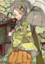 Rule 34 | 00s, 1girl, :d, bare tree, black bow, blush, bow, building, bush, chimney, dress, drill hair, fakepucco, frilled sleeves, frilled umbrella, frills, green dress, green eyes, green sky, grey hair, hair ornament, heart, heart hair ornament, holding, holding umbrella, house, kanaria, long sleeves, looking at viewer, open mouth, orange pants, outdoors, pants, parasol, parted lips, plant, puffy long sleeves, puffy sleeves, rooftop, rozen maiden, short hair, smile, solo, standing, tree, twin drills, umbrella, wide sleeves