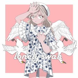 Rule 34 | 1girl, amamams, arm up, beret, bird, bird wings, brown eyes, dress, english text, floral print, frilled dress, frills, hand on own chest, hat, highres, light brown hair, long hair, looking at another, original, pink background, swan, wavy hair, wide sleeves, wings