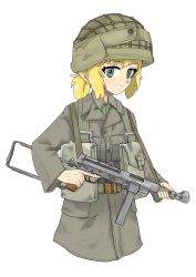 Rule 34 | 1girl, :d, absurdres, bad id, bad pixiv id, belt, blonde hair, breast pocket, buttons, carl gustaf m/45, coat, collared coat, green belt, green coat, green eyes, gun, harness, helmet, highres, holding, holding weapon, looking at viewer, military, military uniform, no legs, open mouth, original, pocket, ponytail, pouch, smile, soldier, strap, submachine gun, swedish uniform, teeth, trigger discipline, uniform, user srvd8725, weapon, white background