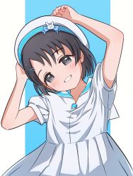 Rule 34 | 1girl, adjusting clothes, adjusting headwear, arms up, black eyes, black hair, blue background, blush, border, breasts, dot nose, dress, hair ornament, hairclip, hat, idolmaster, idolmaster cinderella girls, idolmaster cinderella girls starlight stage, looking at viewer, megabee e, open mouth, outside border, sailor collar, sasaki chie, short hair, short sleeves, simple background, small breasts, smile, solo, upper body, white border, white dress, white hat, white sailor collar