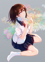 Rule 34 | 1girl, blue eyes, bottle, breasts, brown hair, closed mouth, collared shirt, countlen, floral background, full body, grey background, hair between eyes, hands up, highres, holding, holding bottle, looking at viewer, medium breasts, original, plaid, plaid skirt, school uniform, shirt, short sleeves, simple background, sitting, skirt, smile, socks, solo, uniform, v, wariza, white shirt, white socks