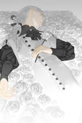 Rule 34 | 1boy, absurdres, ascot, black ascot, black jacket, black ribbon, brooch, closed eyes, closed mouth, cowboy shot, eyelashes, facing to the side, flower, grey background, grey hair, hair ribbon, highres, holding, holding flower, jacket, jewelry, long hair, long sleeves, low ponytail, lying, male focus, molin, on back, open clothes, open jacket, original, ponytail, puffy long sleeves, puffy sleeves, reaching, reaching towards viewer, ribbon, robe, rose, solo, white flower, white hair, white robe, white rose, white theme