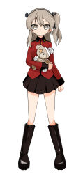 Rule 34 | 1girl, absurdres, bandages, black footwear, black ribbon, black skirt, boko (girls und panzer), boots, brown eyes, closed mouth, commentary, full body, girls und panzer, girls und panzer saishuushou, hair ribbon, highres, holding, holding stuffed toy, jacket, light brown hair, long hair, long sleeves, looking at viewer, military uniform, miniskirt, one side up, pleated skirt, red jacket, ribbon, shibainutank, shimada arisu, simple background, skirt, smile, solo, spoilers, st. gloriana&#039;s military uniform, standing, stuffed animal, stuffed toy, teddy bear, uniform, white background