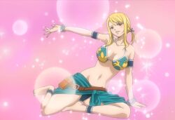 Rule 34 | 1girl, arm support, bikini, blonde hair, blush, breasts, brown eyes, cleavage, fairy tail, feet, green bikini, large breasts, legs, looking at viewer, low twintails, lucy heartfilia, navel, parted lips, sarong, seductive smile, sitting, smile, solo, swimsuit, thighs, twintails