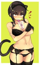 Rule 34 | 1girl, absurdres, black bra, black panties, black thighhighs, blush, bra, breasts, brown eyes, brown hair, cat, cat tail, commentary request, drinking straw, highres, jovejun, large breasts, lingerie, looking at viewer, navel, new year, original, panties, short hair, short hair with long locks, sidelocks, simple background, solo, tail, thick eyebrows, thighhighs, tsubomioka happa, underwear, white background, yellow background