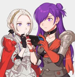 Rule 34 | 2girls, armor, black gloves, breasts, cape, cleavage, edelgard von hresvelg, fire emblem, fire emblem: three houses, fire emblem warriors, fire emblem warriors: three hopes, gloves, hair bun, hair over one eye, handheld game console, highres, looking at another, low ponytail, multiple girls, nintendo, nintendo switch, official alternate costume, official alternate hairstyle, peach11 01, purple eyes, purple hair, shez (female) (fire emblem), shez (fire emblem), side ponytail, single glove, upper body, white hair