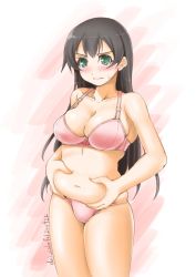 Rule 34 | 1girl, agano (kancolle), akimoto dai, belly grab, black hair, bra, breasts, cleavage, collarbone, commentary request, cowboy shot, green eyes, highres, kantai collection, long hair, medium breasts, one-hour drawing challenge, panties, pink bra, pink panties, plump, solo, underwear, underwear only, weight conscious