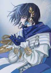 Rule 34 | 1boy, absurdres, alchemy stars, blue background, blue eyes, blue gloves, blue hair, blue scarf, coat, dangle earrings, dark blue hair, earrings, fushimi arata, gloves, gold trim, gradient background, hair between eyes, hair ornament, hands up, highres, jewelry, leaf hair ornament, long sleeves, looking to the side, male focus, novio (alchemy stars), parted lips, profile, ring, scarf, short hair, snowing, solo, upper body, white background, white coat, wind