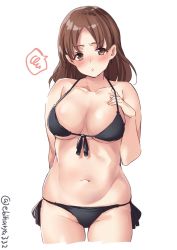 Rule 34 | 1girl, bare shoulders, bikini, black bikini, blush, breasts, brown eyes, brown hair, chiyoda (kancolle), cleavage, collarbone, cowboy shot, ebifurya, embarrassed, front-tie top, hands on own chest, highres, kantai collection, large breasts, looking at viewer, navel, parted bangs, short hair, side-tie bikini bottom, simple background, spoken squiggle, squiggle, stomach, swimsuit, thigh gap, thighs, twitter username, underboob, white background