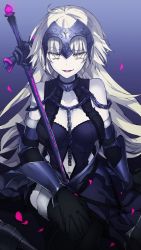Rule 34 | 1girl, armor, armored boots, black gloves, black thighhighs, blue background, boots, breasts, chibirisu, collarbone, fate/grand order, fate (series), gloves, gradient background, hair ornament, hand on own knee, highres, jeanne d&#039;arc (fate), jeanne d&#039;arc alter (avenger) (fate), jeanne d&#039;arc alter (avenger) (third ascension) (fate), jeanne d&#039;arc alter (fate), long hair, looking at viewer, medium breasts, midriff, navel, open mouth, petals, silver hair, sitting, smile, solo, stomach, sword, thighhighs, very long hair, weapon, yellow eyes