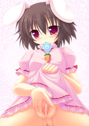Rule 34 | 1girl, animal ears, bad id, bad pixiv id, brown hair, carrot, carrot necklace, censored, condom, condom in mouth, dress, female focus, inaba tewi, mouth hold, necklace, pink dress, pointless censoring, presenting, pussy, rabbit ears, red eyes, short hair, solo, spread pussy, touhou, yokuran