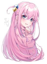 Rule 34 | 1girl, akikuriii, blue eyes, blush, bocchi the rock!, cube hair ornament, fingernails, gotoh hitori, hair between eyes, hair ornament, highres, jacket, long hair, long sleeves, one side up, open mouth, pink hair, pink jacket, simple background, solo, track jacket, upper body, white background