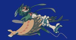 Rule 34 | animal focus, blue background, bul (moiko), commentary, creatures (company), decidueye, from side, full body, game freak, gen 7 pokemon, highres, leaf, lying, nintendo, no humans, on back, open mouth, pokemon, pokemon (creature), simple background, solo, symbol-only commentary, talons, wings, yellow eyes