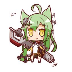 Rule 34 | 1girl, :3, :d, ahoge, akashi (azur lane), azur lane, blush stickers, braid, chibi, commentary request, green hair, hair flaps, highres, long hair, looking at viewer, low-tied long hair, machinery, nuu (nu-nyu), open mouth, simple background, single braid, sleeves past wrists, smile, solo, translation request, turret, white background, wrench, yellow eyes