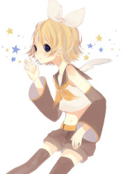 Rule 34 | 1girl, arms up, bad id, bad pixiv id, black thighhighs, blonde hair, blue eyes, detached sleeves, hair ribbon, kagamine rin, navel, open mouth, outstretched arms, ribbon, sailor collar, short hair, shorts, solo, thighhighs, vocaloid, wings, yayuyo