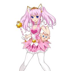 Rule 34 | 1girl, animal ears, blue eyes, diadem, dress, frills, gloves, heart, long hair, looking at viewer, magical girl, open mouth, pantyhose, pink hair, solo, twintails, wand, white gloves, white pantyhose