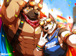 Rule 34 | 2boys, abs, arm behind head, armpits, backpack, bag, bara, bare pectorals, brown fur, celebration, confetti, dog boy, drks, expressionless, flag, furry, furry male, grin, holding, holding flag, hood, hood down, hoodie, large pectorals, lgbt pride, long hair, looking at viewer, male focus, merchandise, multiple boys, muscular, muscular male, nipple slip, nipples, one eye closed, original, pectorals, ponytail, pride month, rainbow flag, rainbow flag tattoo, scarf, short hair, sidepec, sleeveless, sleeveless hoodie, smile, stomach, upper body, v