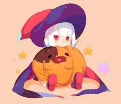 Rule 34 | 1girl, baal (shiomachi), cape, child, colored eyelashes, halloween, hat, hugging object, original, red eyes, shiomachi, solo, colored eyelashes, white hair, witch hat, aged down