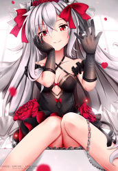 Rule 34 | 1girl, arm garter, artist name, azur lane, bare shoulders, black dress, black gloves, black thighhighs, blush, bow, breasts, chain, character name, cleavage, cleavage cutout, closed mouth, clothing cutout, collarbone, dress, dress bow, fang, fang out, floating hair, flower, from below, gloves, hair between eyes, hair ornament, hair ribbon, hand on own face, highres, jewelry, knees together feet apart, light particles, long hair, looking at viewer, panties, petals, red eyes, ribbon, ring, rose, sidelocks, silver hair, silver wings, sitting, small breasts, smile, solo, thighhighs, tiara, twintails, underwear, vampire (azur lane), vampire (eloi&#039;s blessing) (azur lane), very long hair, wedding band, wind, window, wings, yumeno s