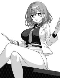 Rule 34 | 1girl, blazer, breasts, collared shirt, drumsticks, greyscale, hair between eyes, holding, holding drumsticks, horikawa raiko, jacket, large breasts, long sleeves, monochrome, necktie, onkn sxkn, open clothes, open jacket, open mouth, shirt, short hair, simple background, skirt, smile, solo, touhou, white background