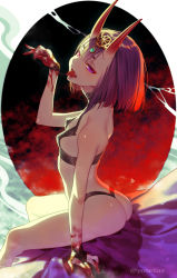 Rule 34 | 1girl, absurdres, ass, bare arms, bare legs, bare shoulders, blood, blood on hands, bob cut, breasts, covered erect nipples, fang, fate/grand order, fate (series), forehead jewel, from side, head tilt, highres, horns, kazuki yone, looking at viewer, purple eyes, purple hair, revealing clothes, short eyebrows, short hair, shoulder blades, shuten douji (fate), sitting, skin-covered horns, small breasts, solo, tongue, tongue out, twitter username